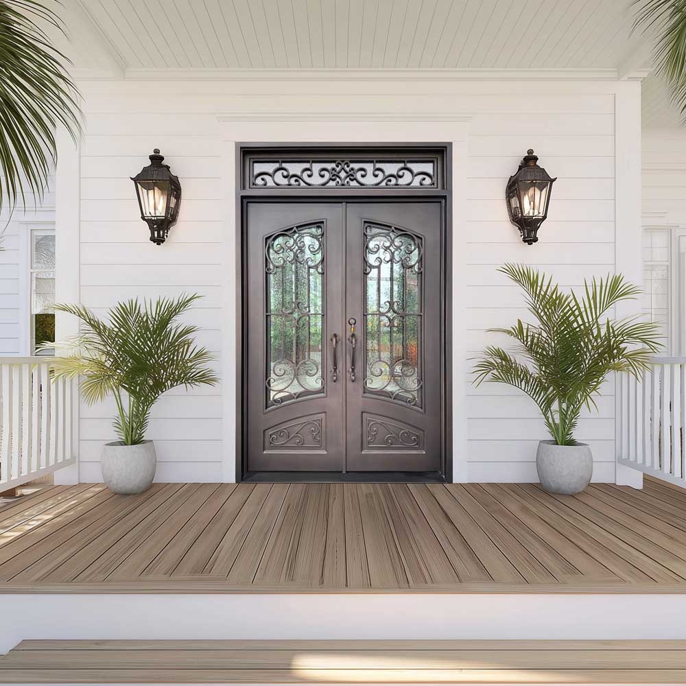glory wrought iron double front door square transom with oil rubbed bronze finish and the scrollwork