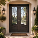 Black iron double door with decorative glass panels