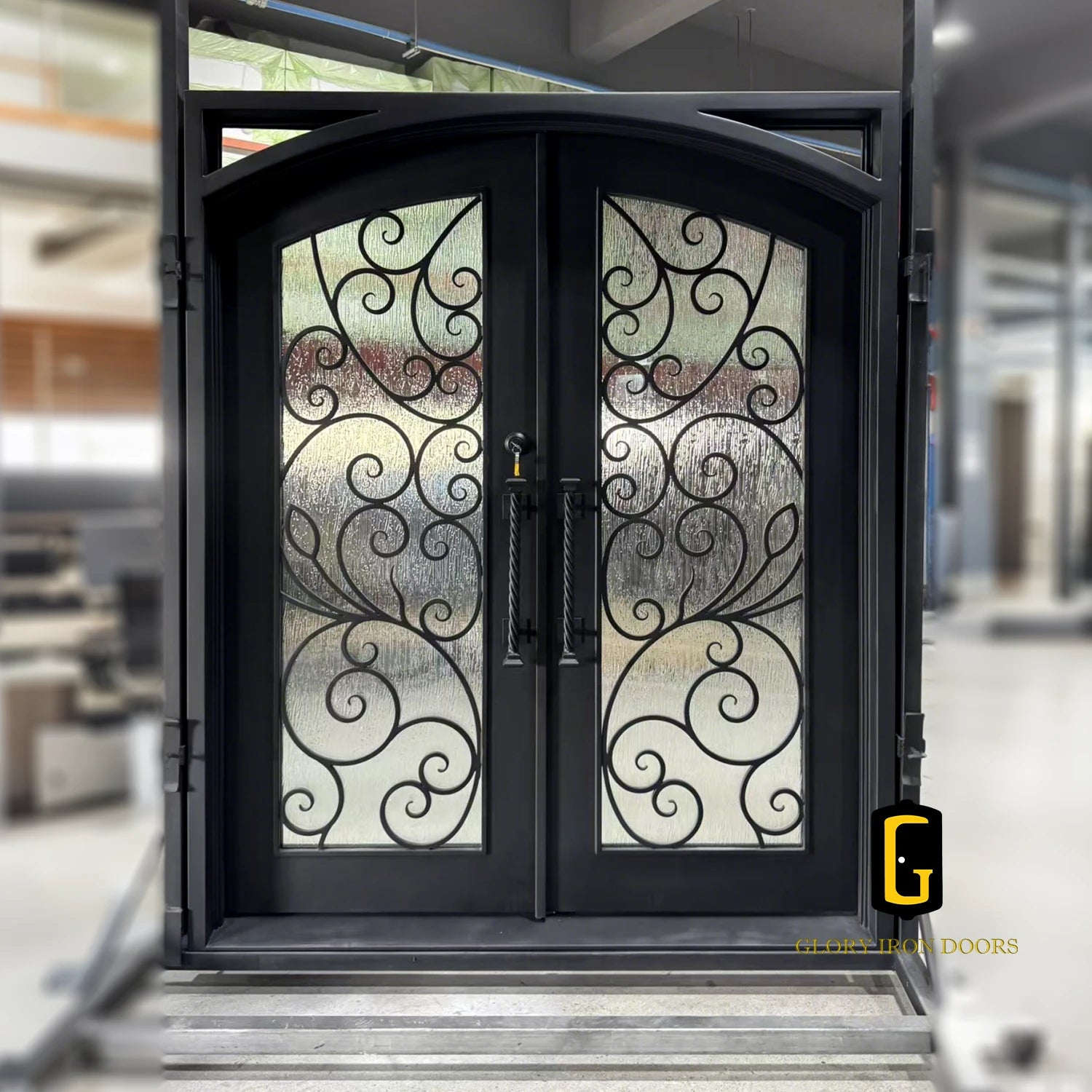 Wrought Iron Double Front Door with Rain Storm Glass and Matte Black Finish