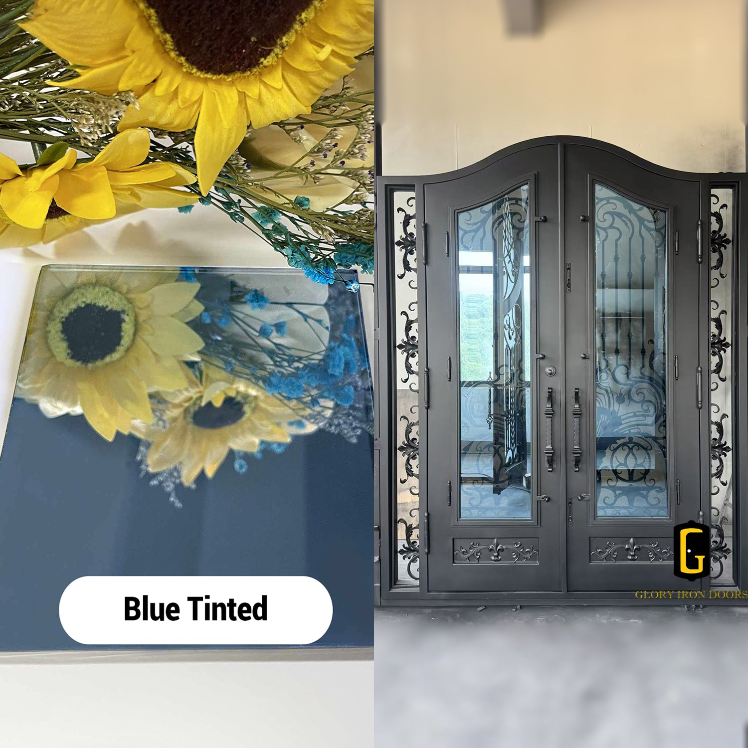 Blue Tinted Glass shown on an iron door