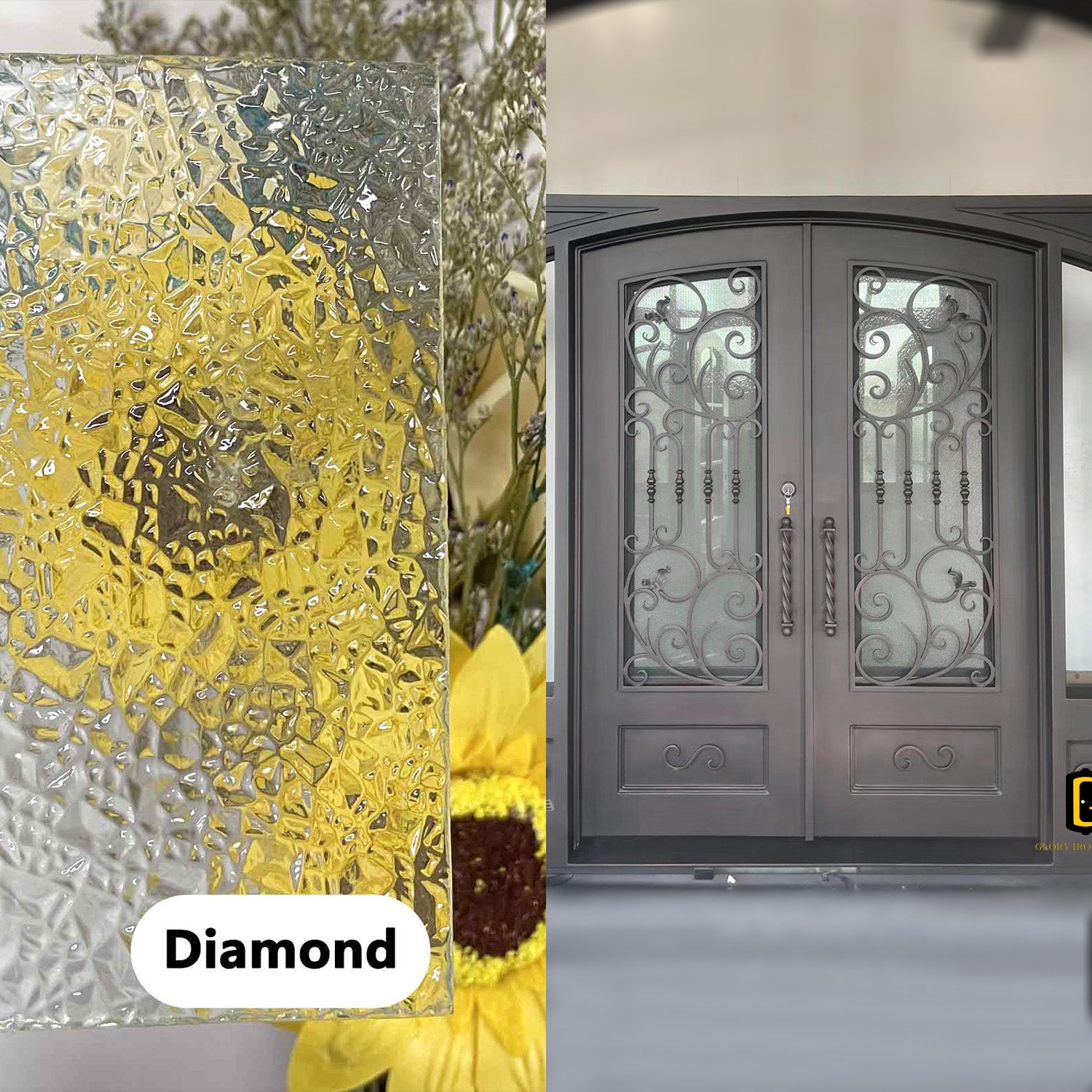 Diamond Glass shown on an iron door