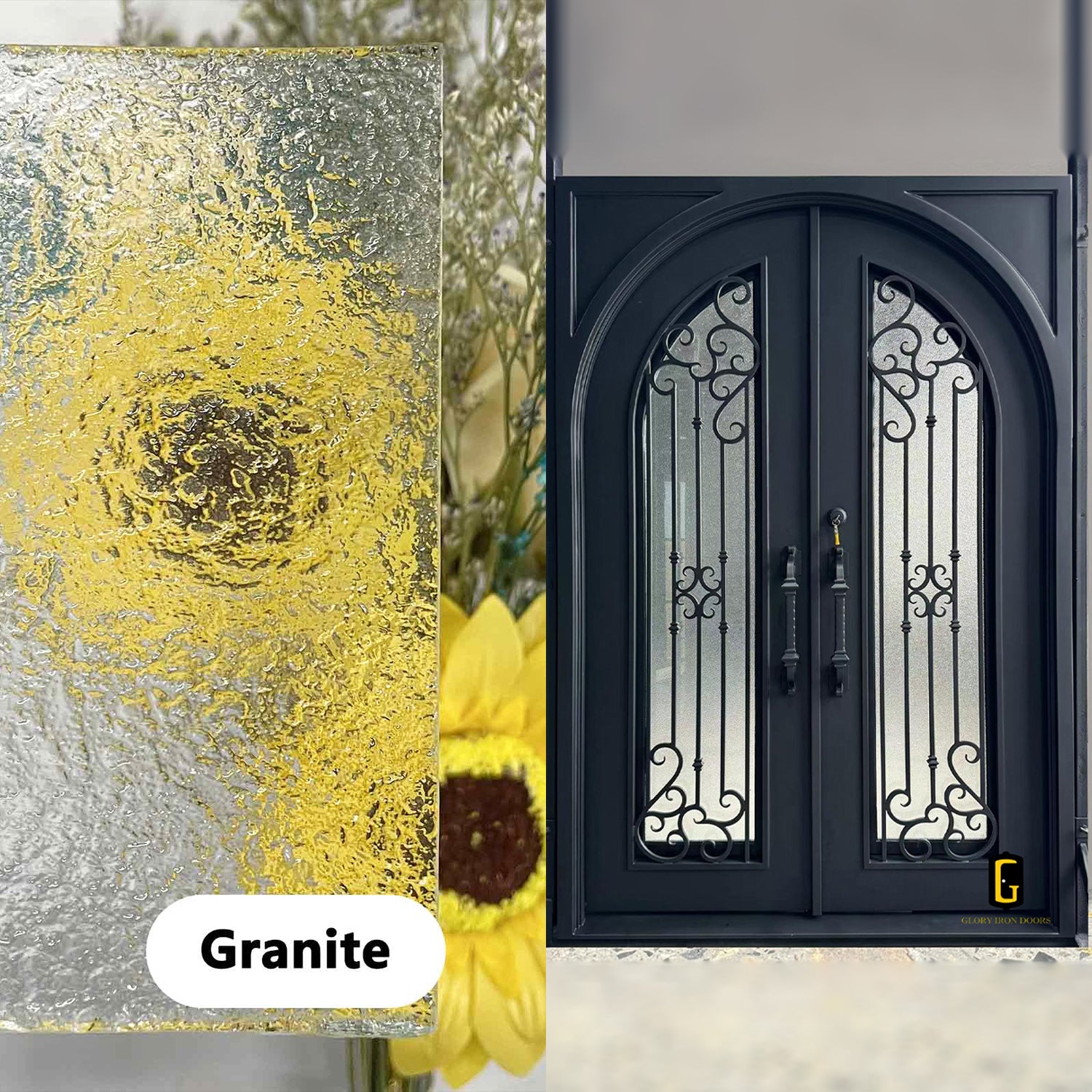 Granite Glass shown on an iron door
