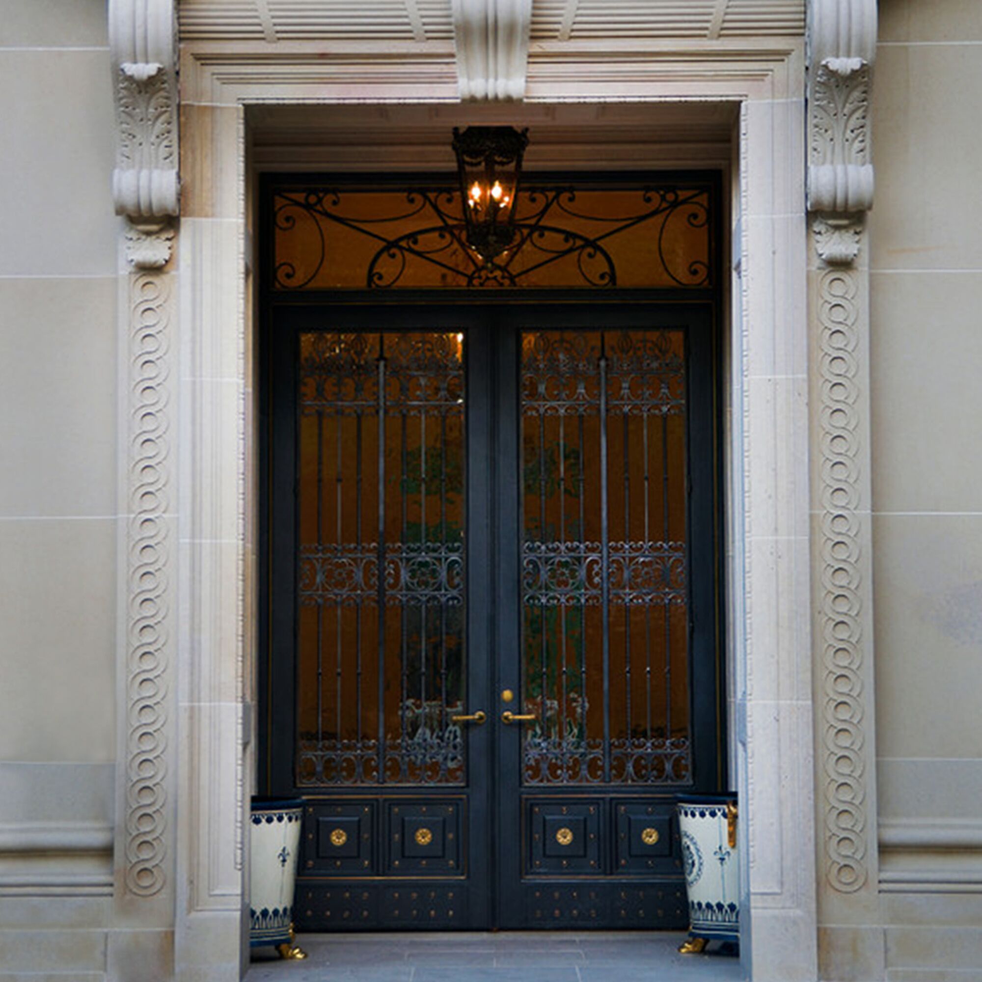 gid iron exterior double door with square top and transom