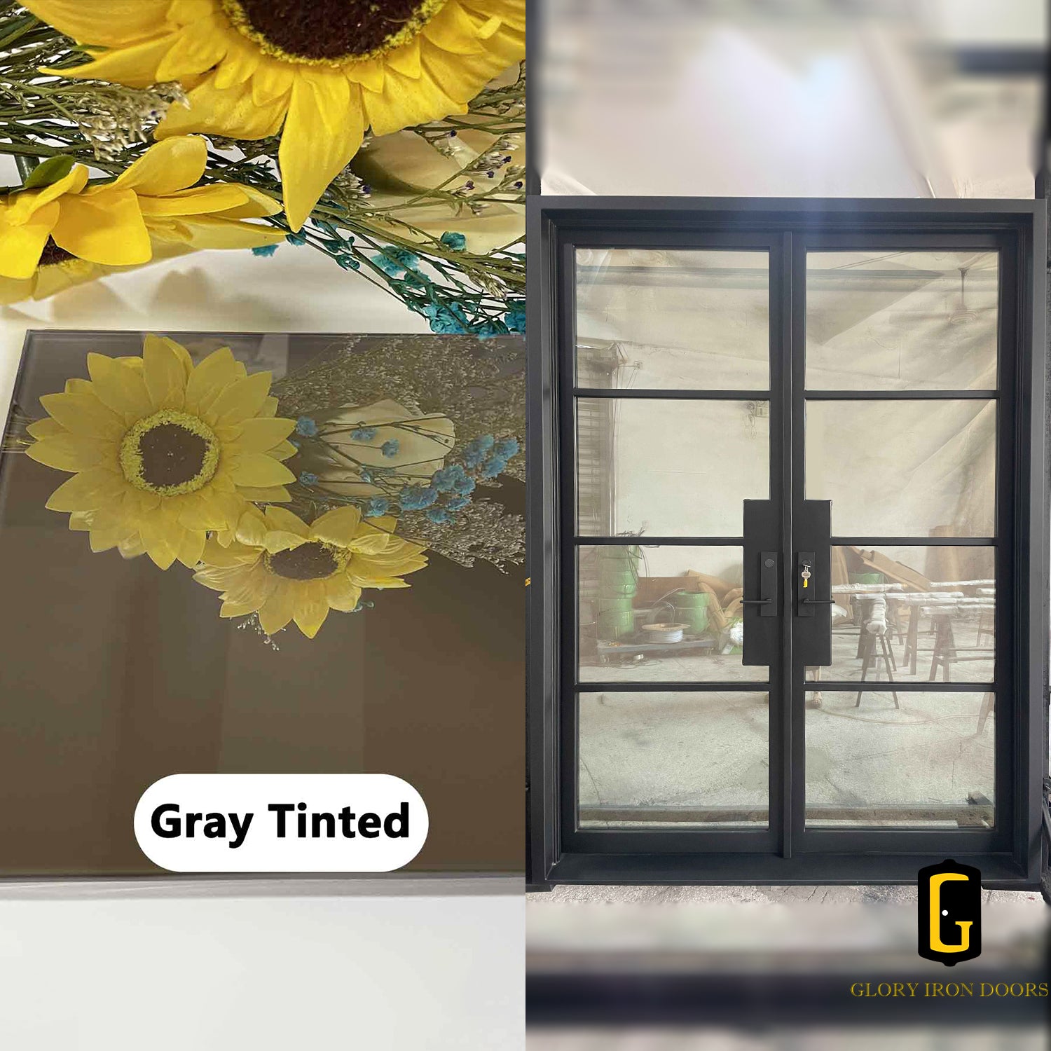 Gray Tinted Glass shown on an iron door