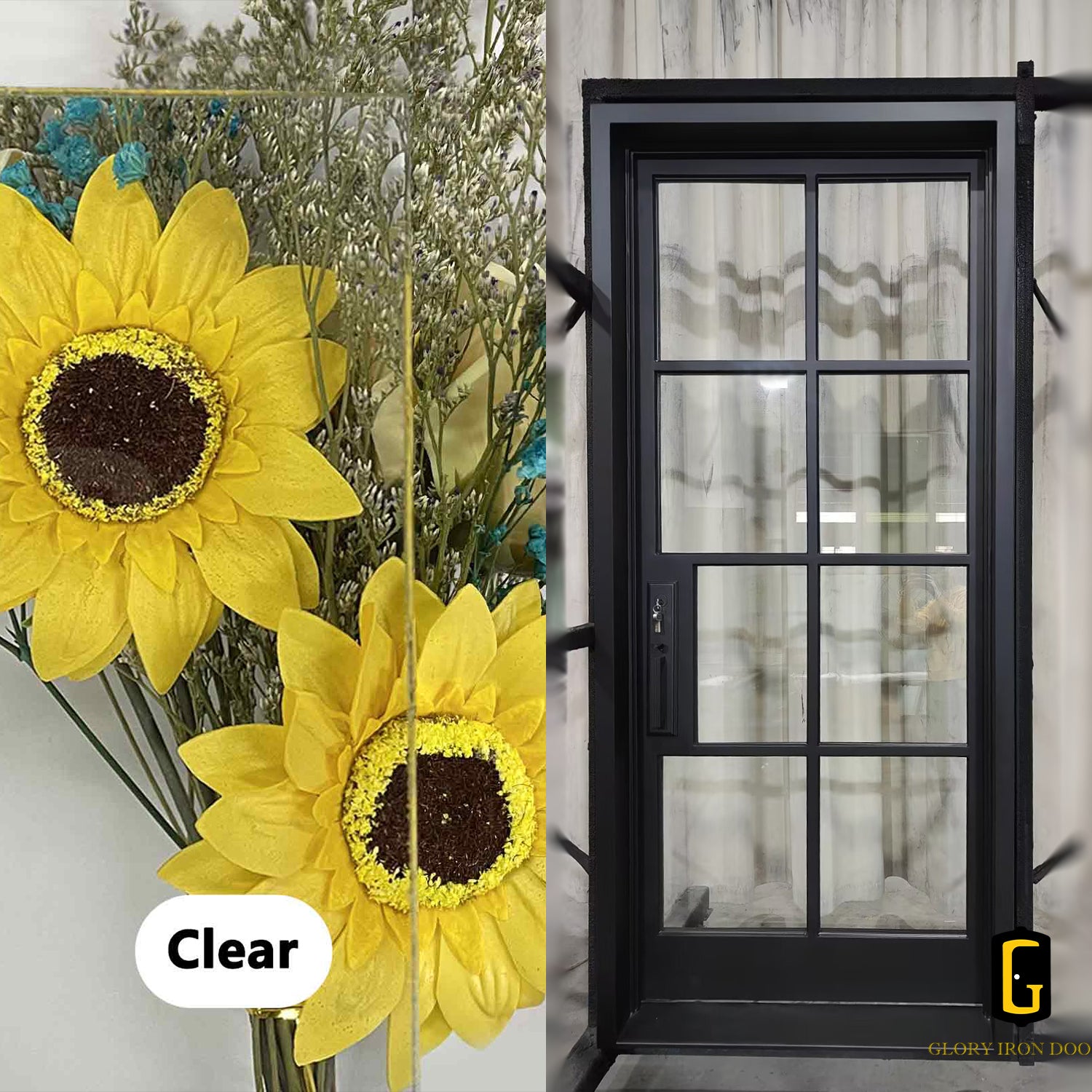 Clear Glass shown on an iron door