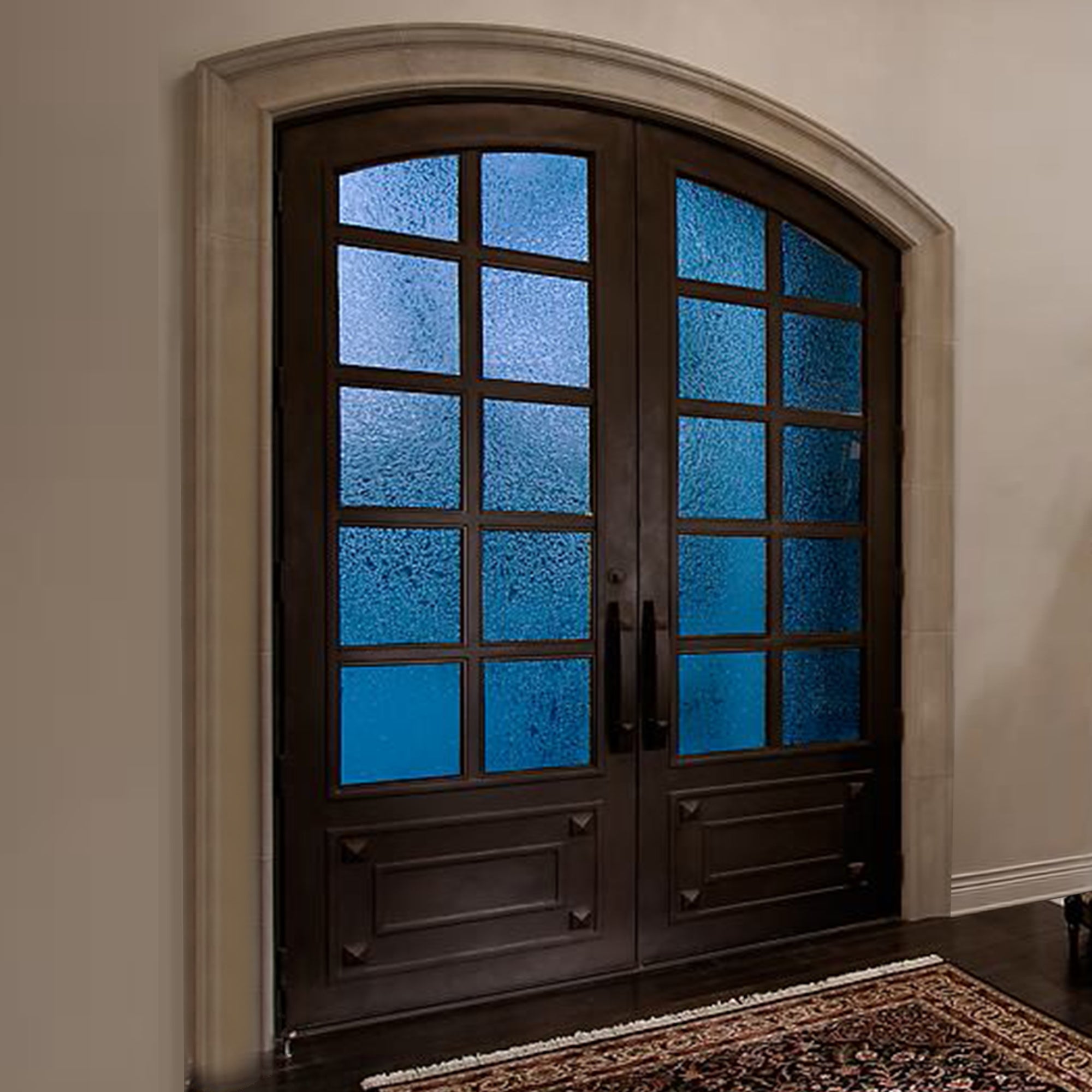 gid iron front double door with diamond glass and arched top