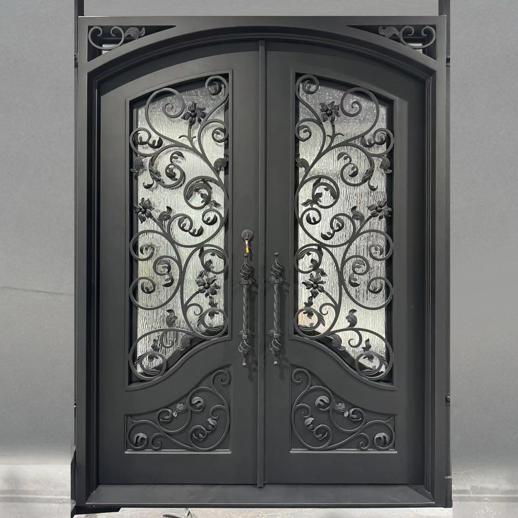 gid iron front double door with arched top and rain glass