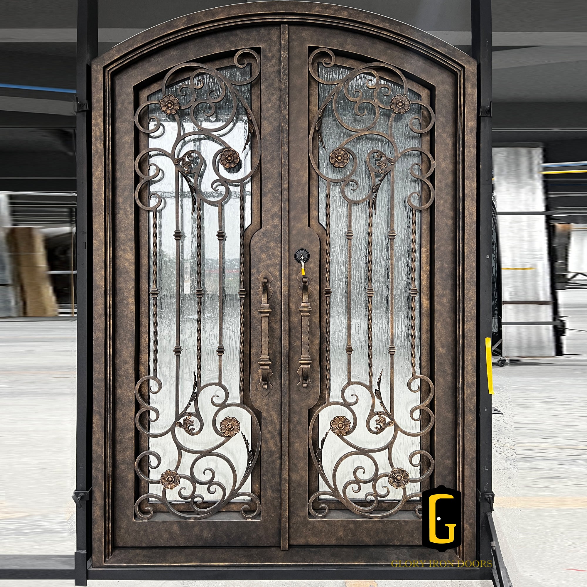 gid iron front double door with rain storm glass
