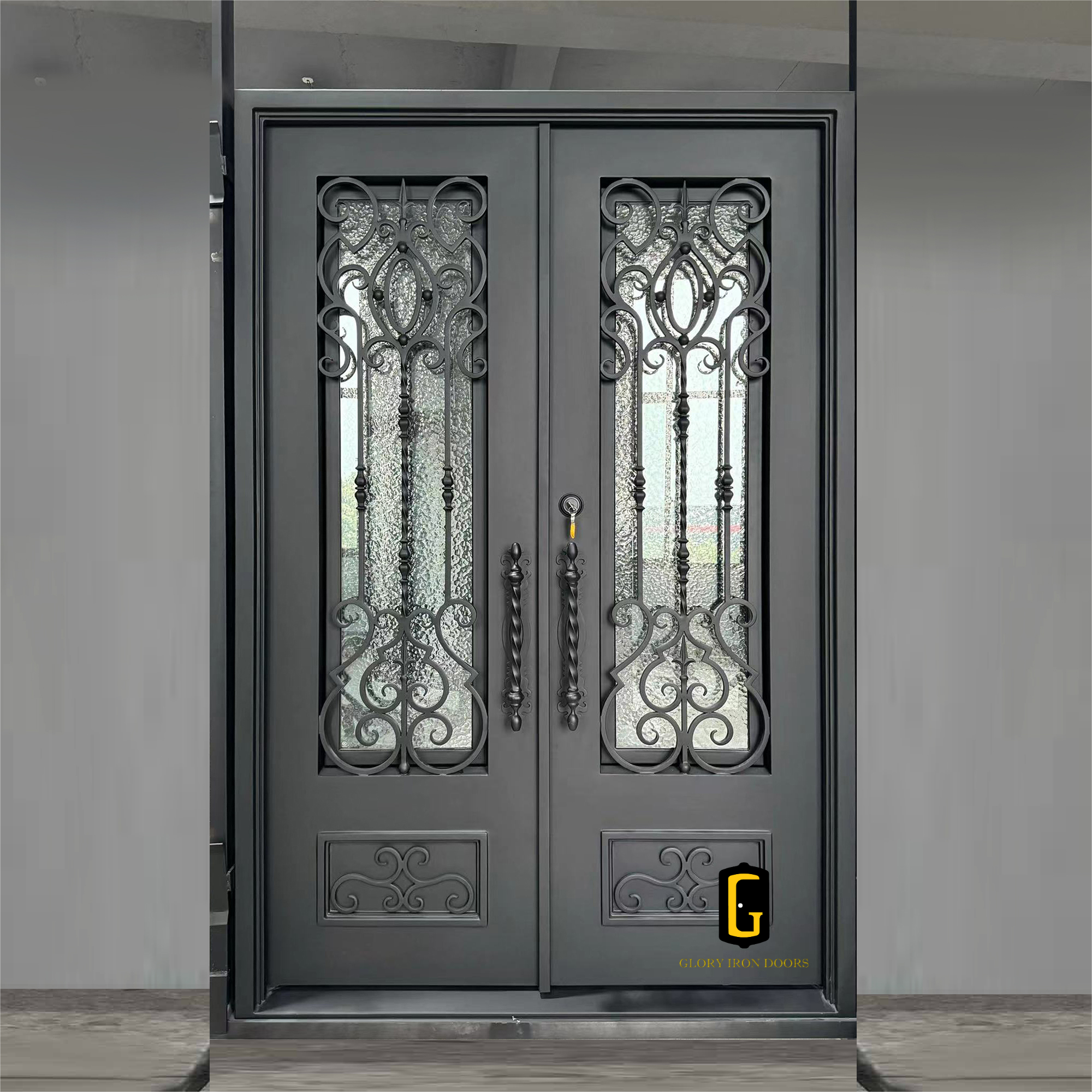 gloryirondoors iron double doors with size 64x96 in black color
