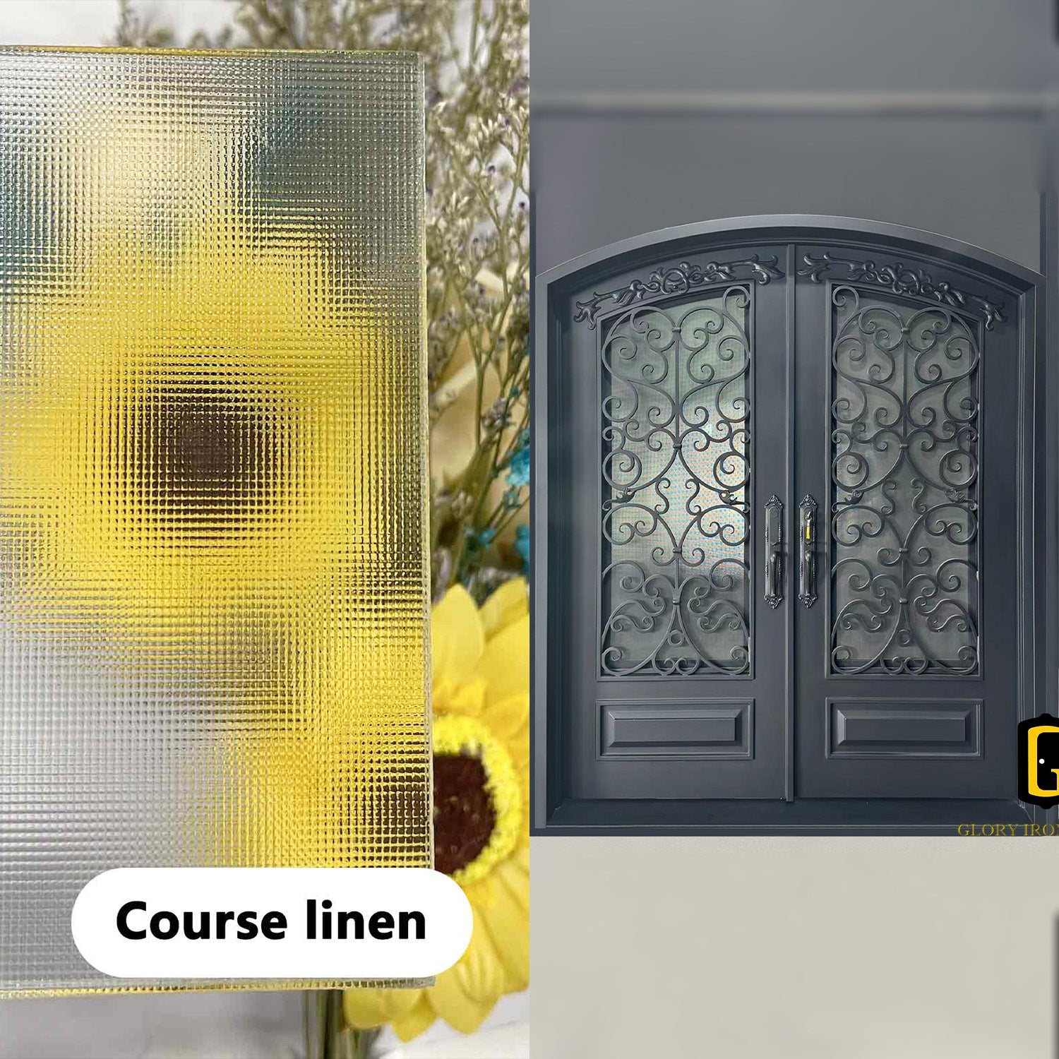 gloryirondoors iron double front door with course linen glasss 