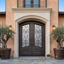 Eyebrow arch wrought iron double front door with decorative scrollwork