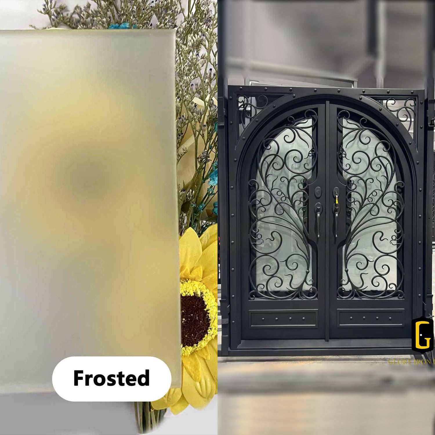 Frosted Glass shown on an iron door