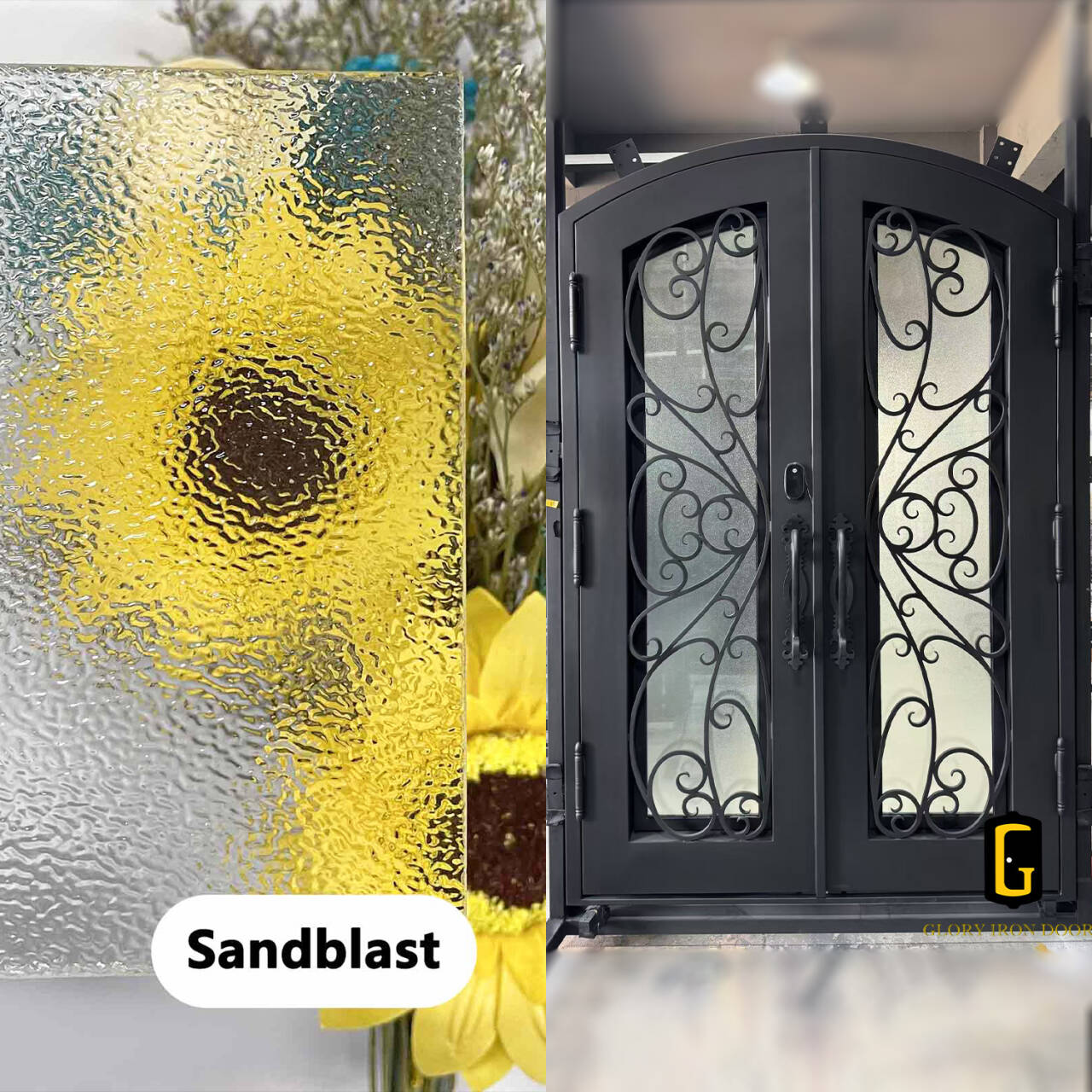Sandblast Glass shown on an iron door