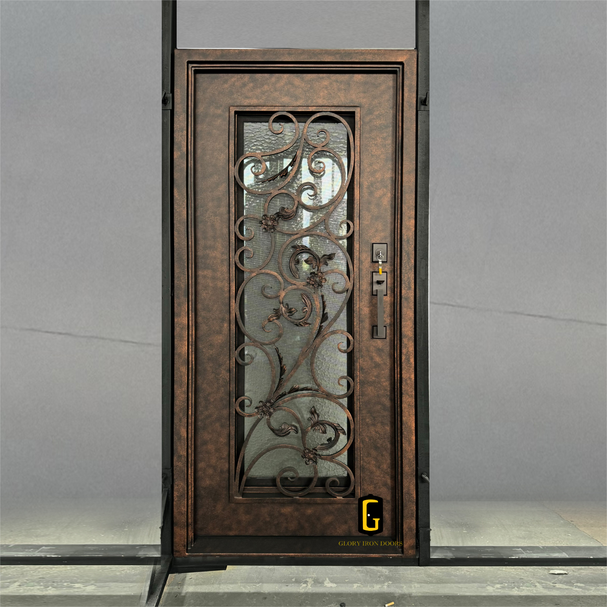 gloryirondoors 3068 iron front single door with gold bronze punch color