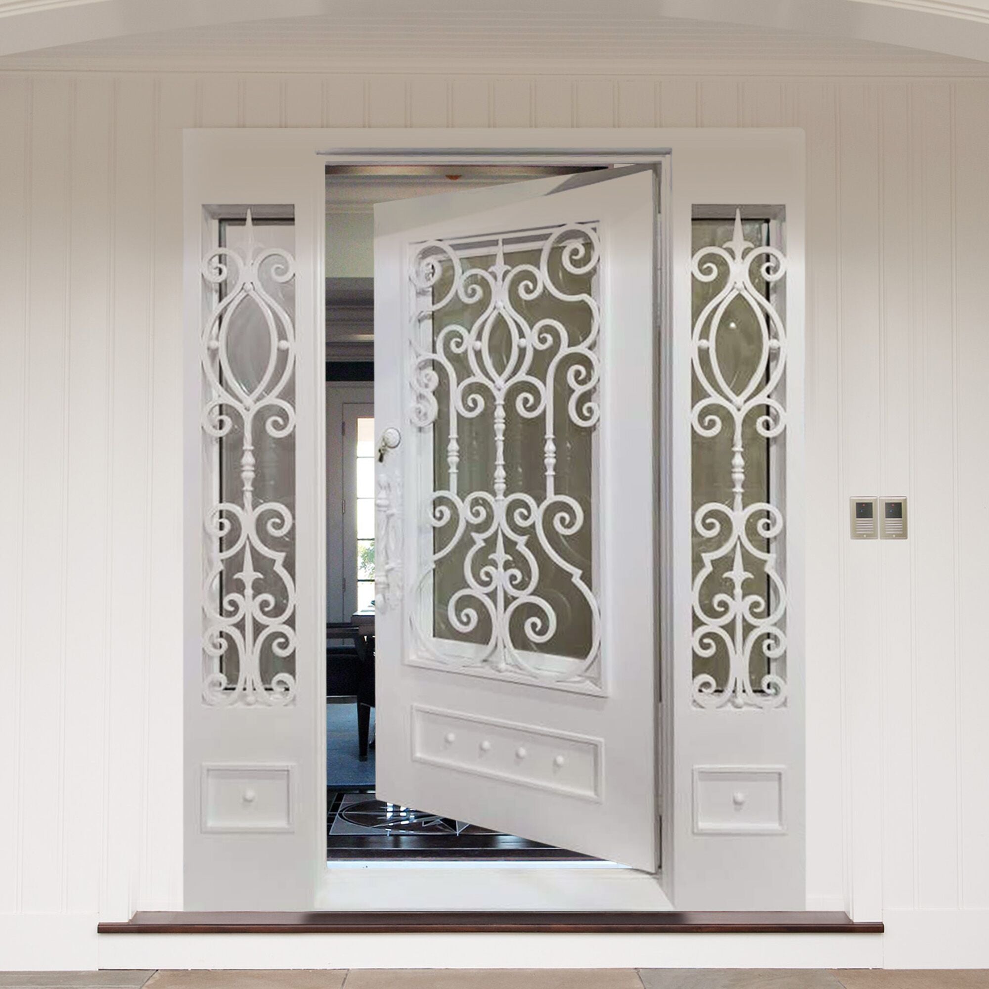 gid iron front single entry door with matte white frame and beautiful scrollwork