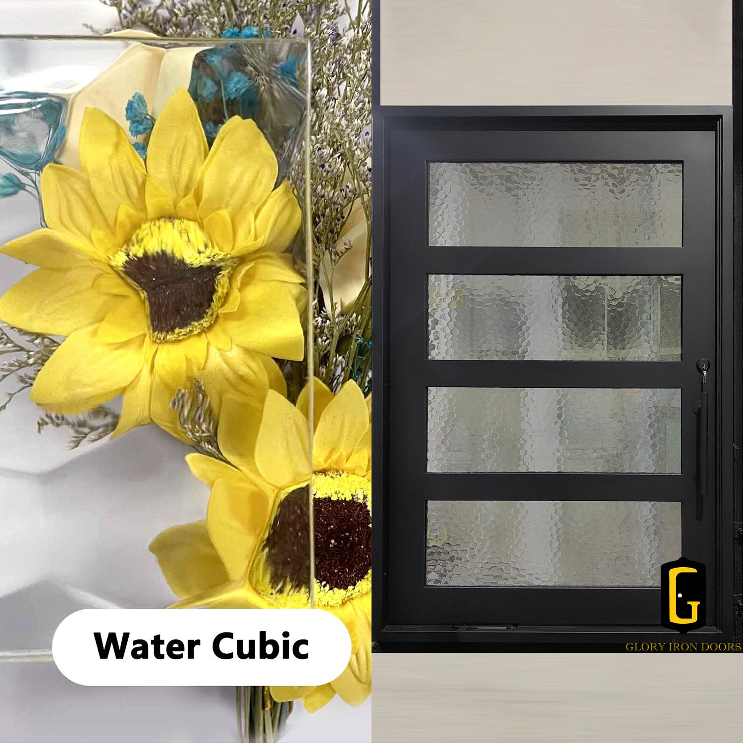 Water Cubic Glass shown on an iron door