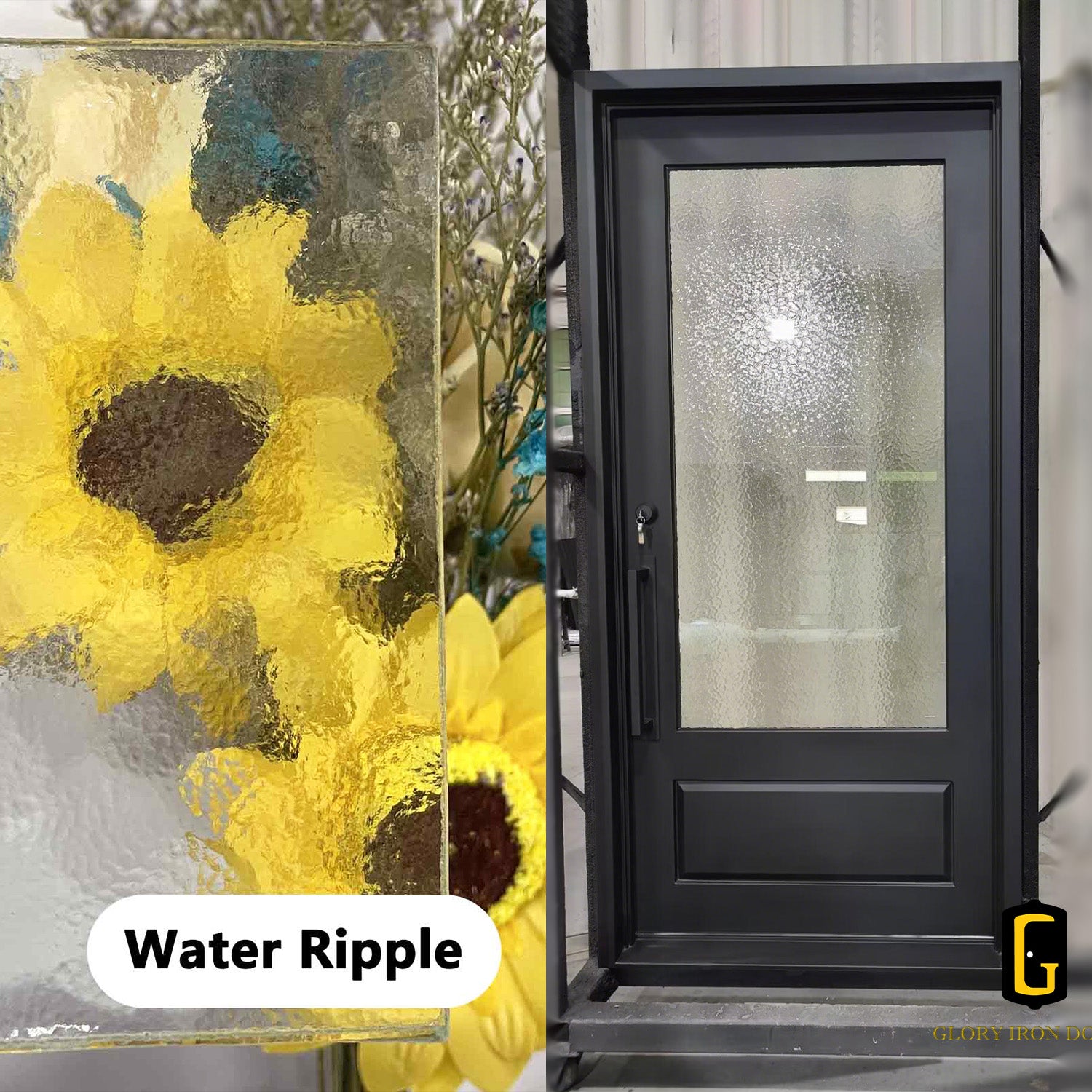 Water Ripple Glass shown on an iron door