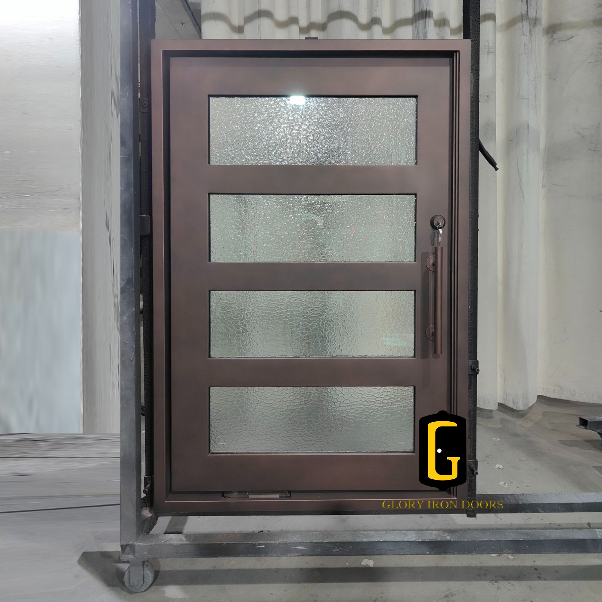 gloryirondoor iron pivot single door with rust red color and aquatex glass
