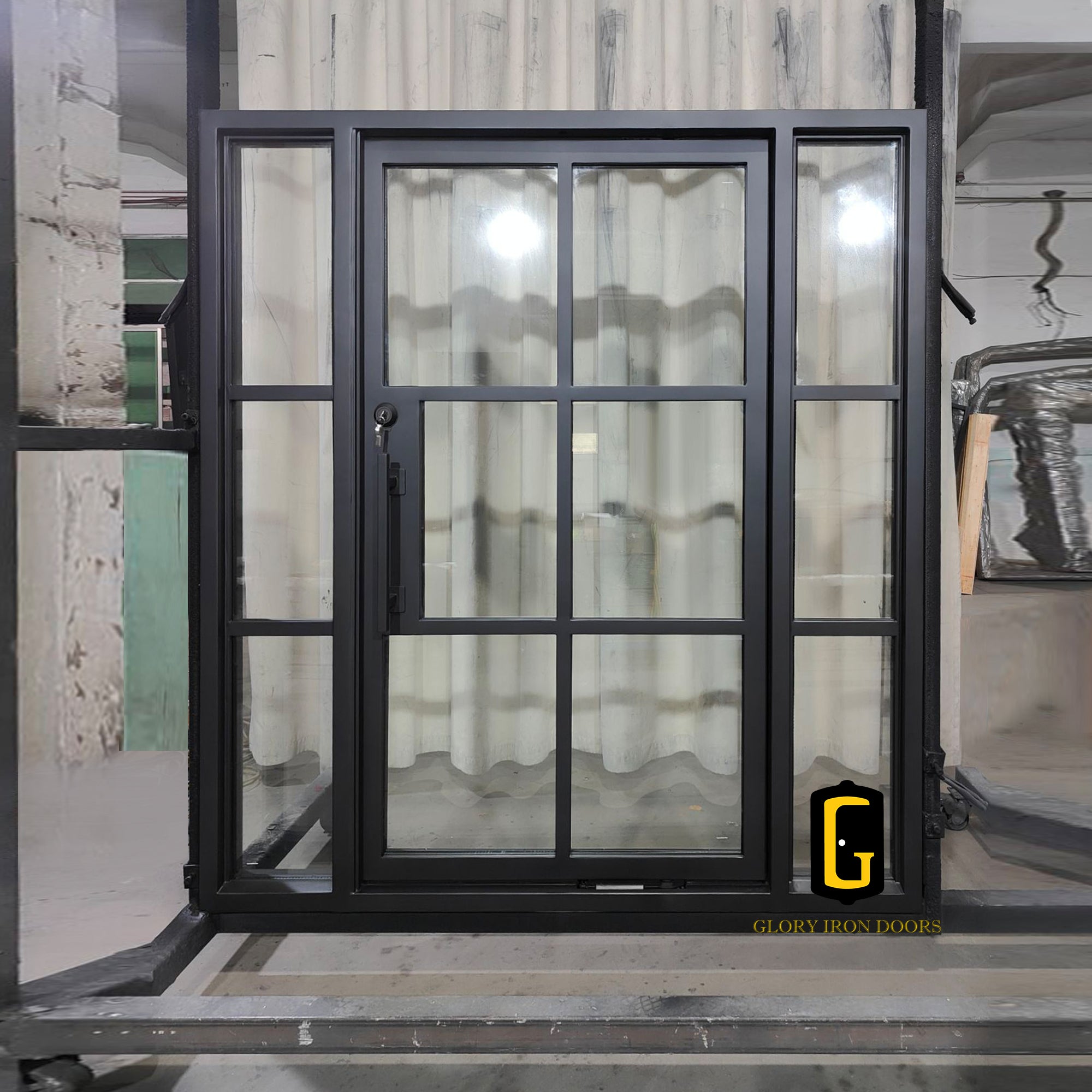 gloryirondoor iron pivot single door with two sidelights and clear glass