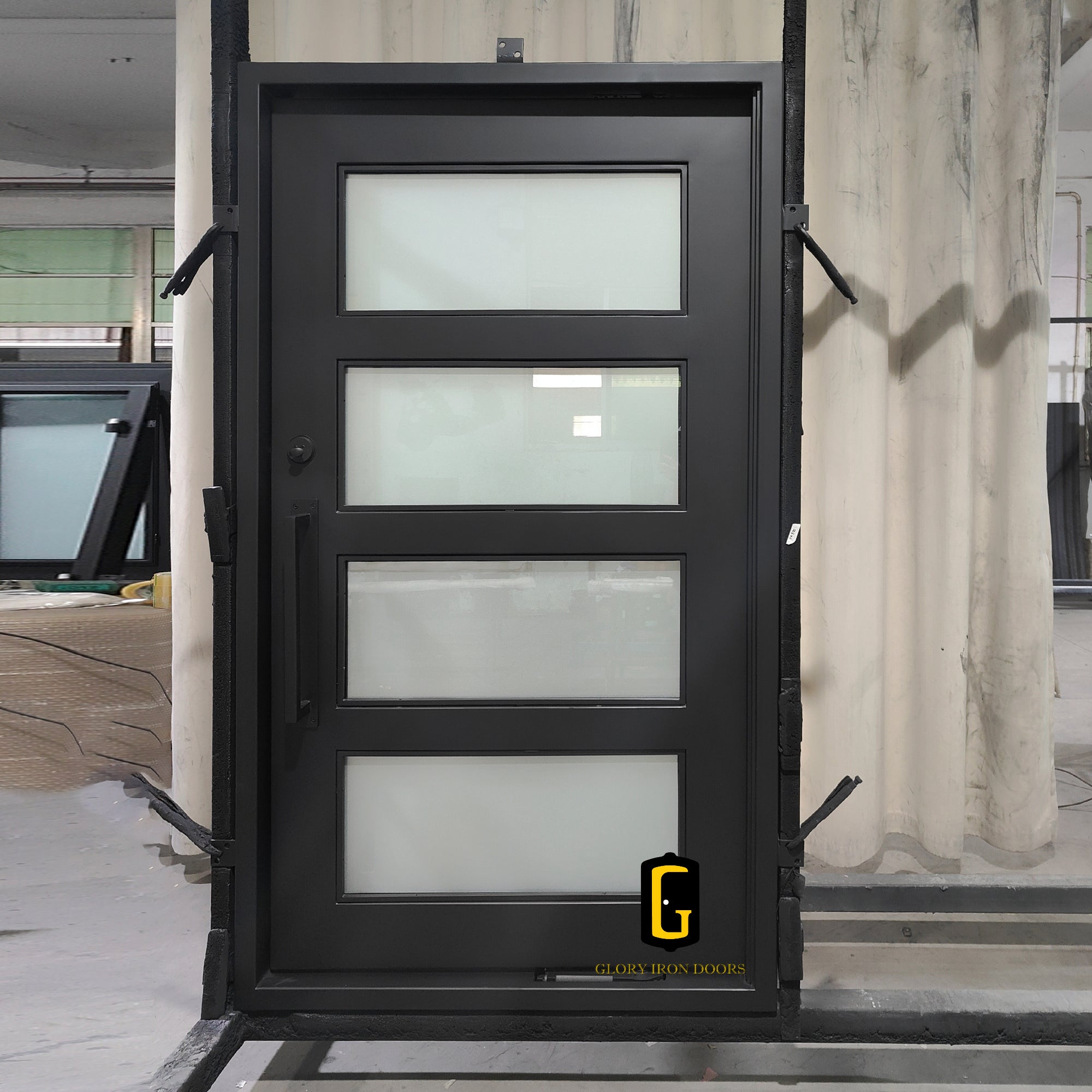 gloryirondoors  high quality iron pivot single door with frosted glass