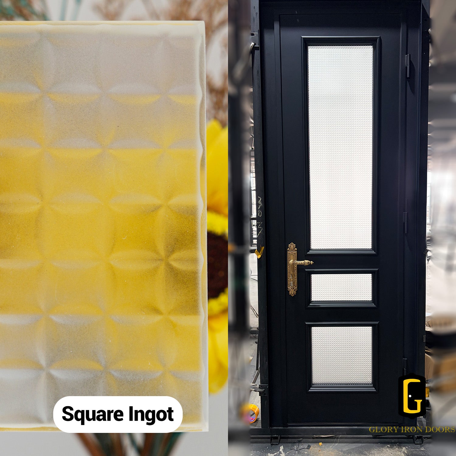 Square Ingot Glass shown on an iron door