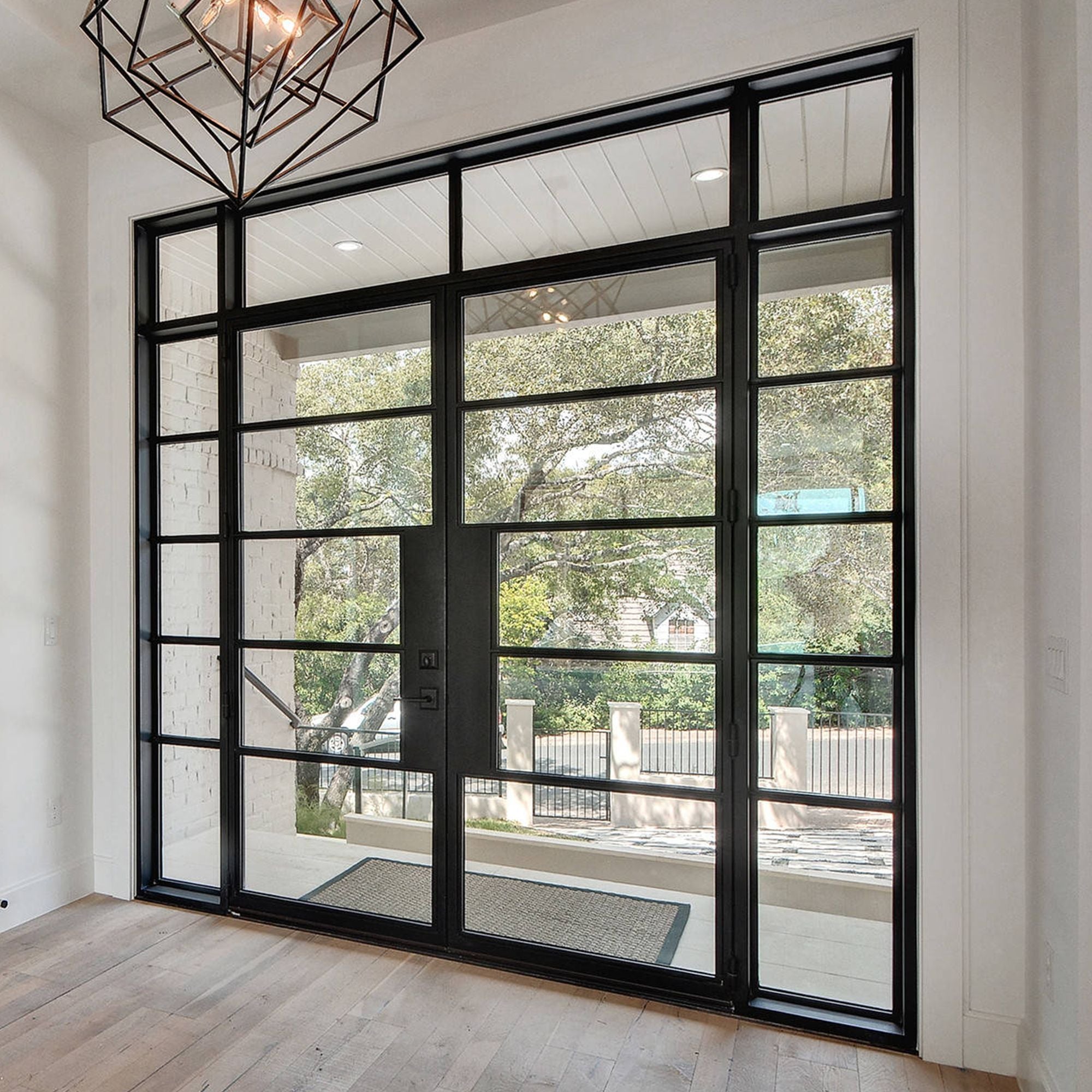 French double door with dual sidelight and transom