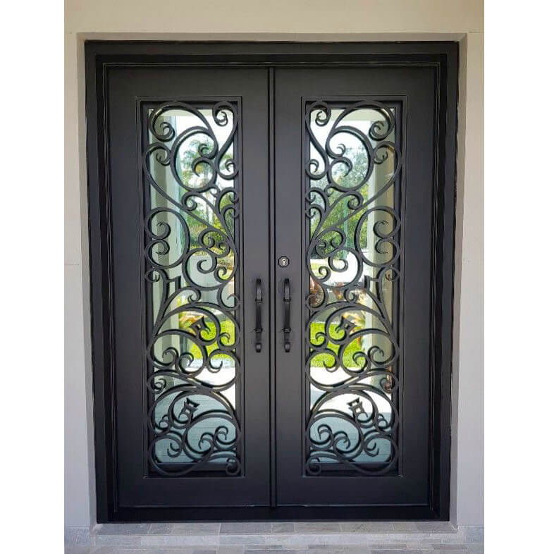 GID Iron wrought double front doors with one panel glass