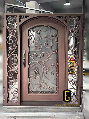 TED456 custom wrought iron front door with double sidelights for luxury home entrance