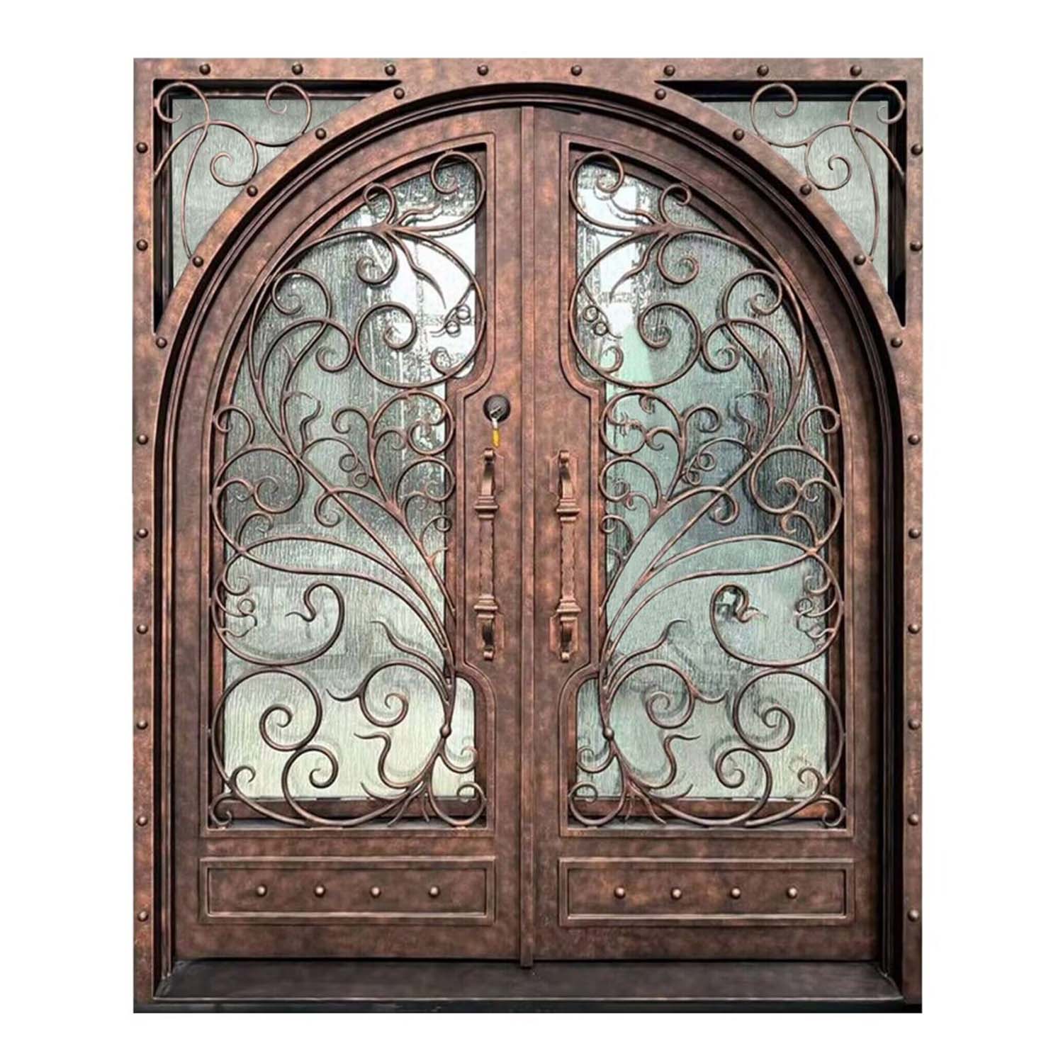 gid iron entry double door with rainstorm glass and scrollwork