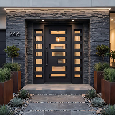 Contemporary iron front door with glass panels and sidelights