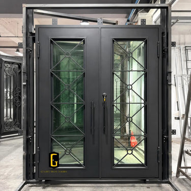 Contemporary black iron double entry door with glass panels