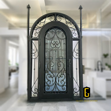 Thermal Break Round Top Iron Entry Door with Sidelights and Transom TED454