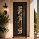 Narrow square top wrought iron single entry door with scrollwork