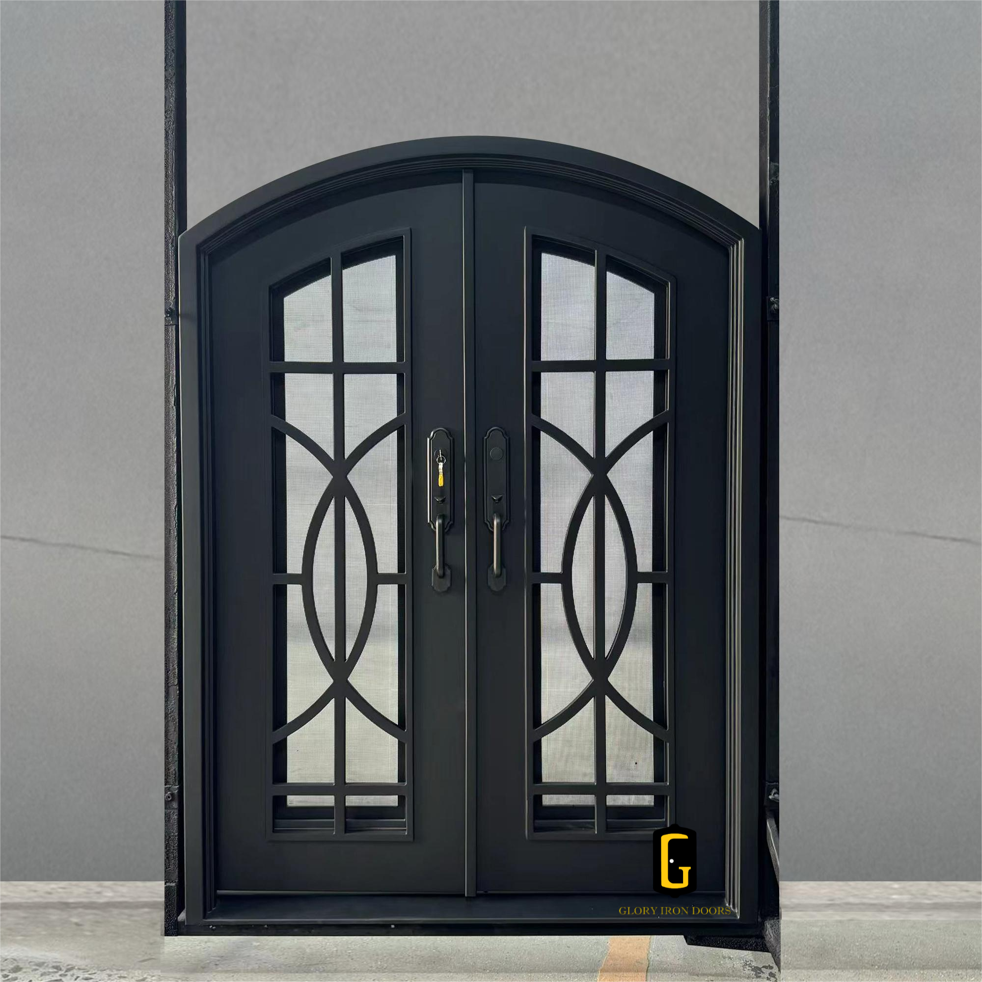 GID new design iron double door with arch top 