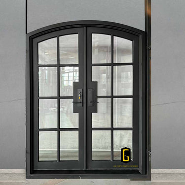 Exterior steel French entry door with glass panels