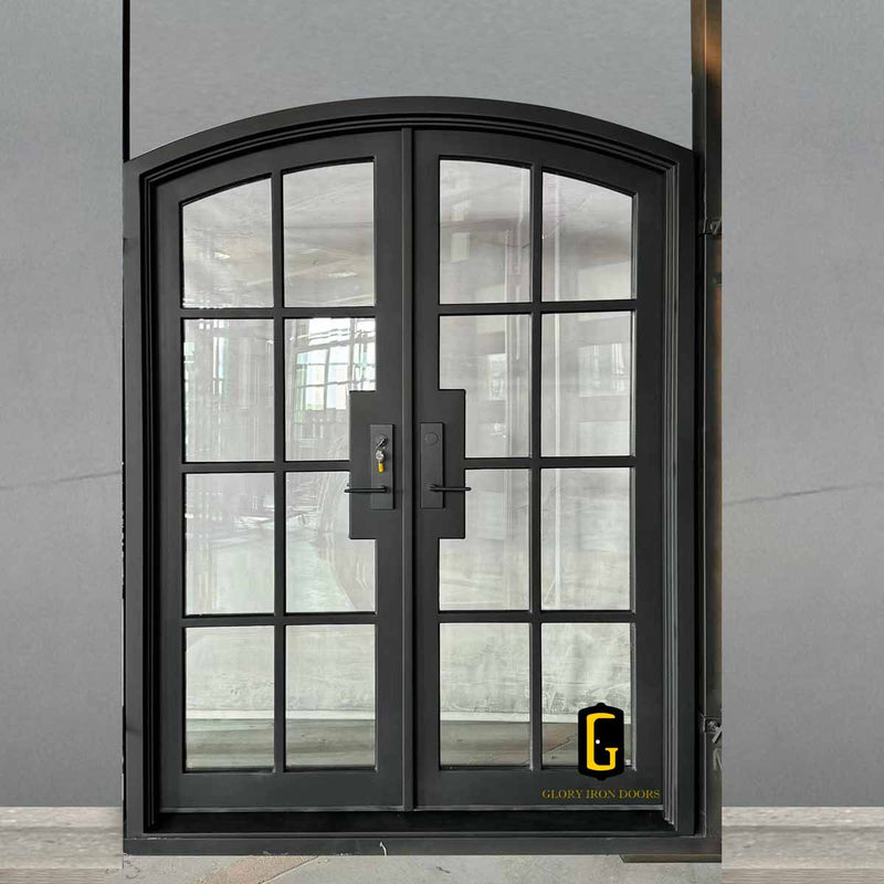 Exterior steel French entry door with glass panels