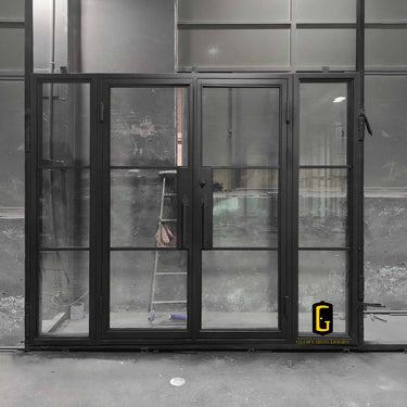 Black steel French front door with clear glass sidelights