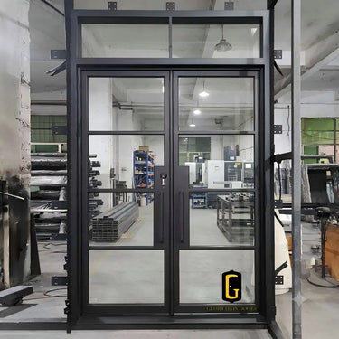 Modern iron French front door with square transom