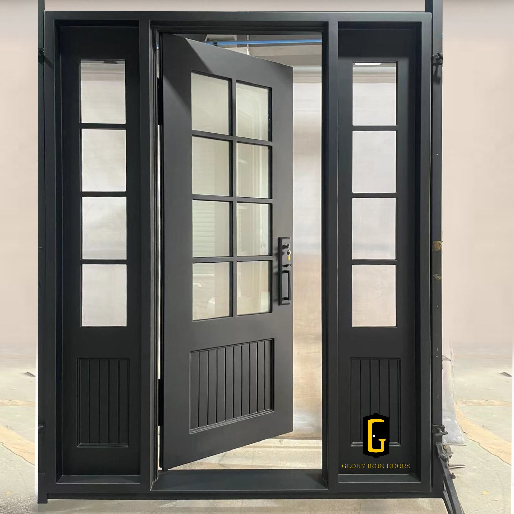 gloryirondoors thermal break iron french single door with two sidelights and kickplate