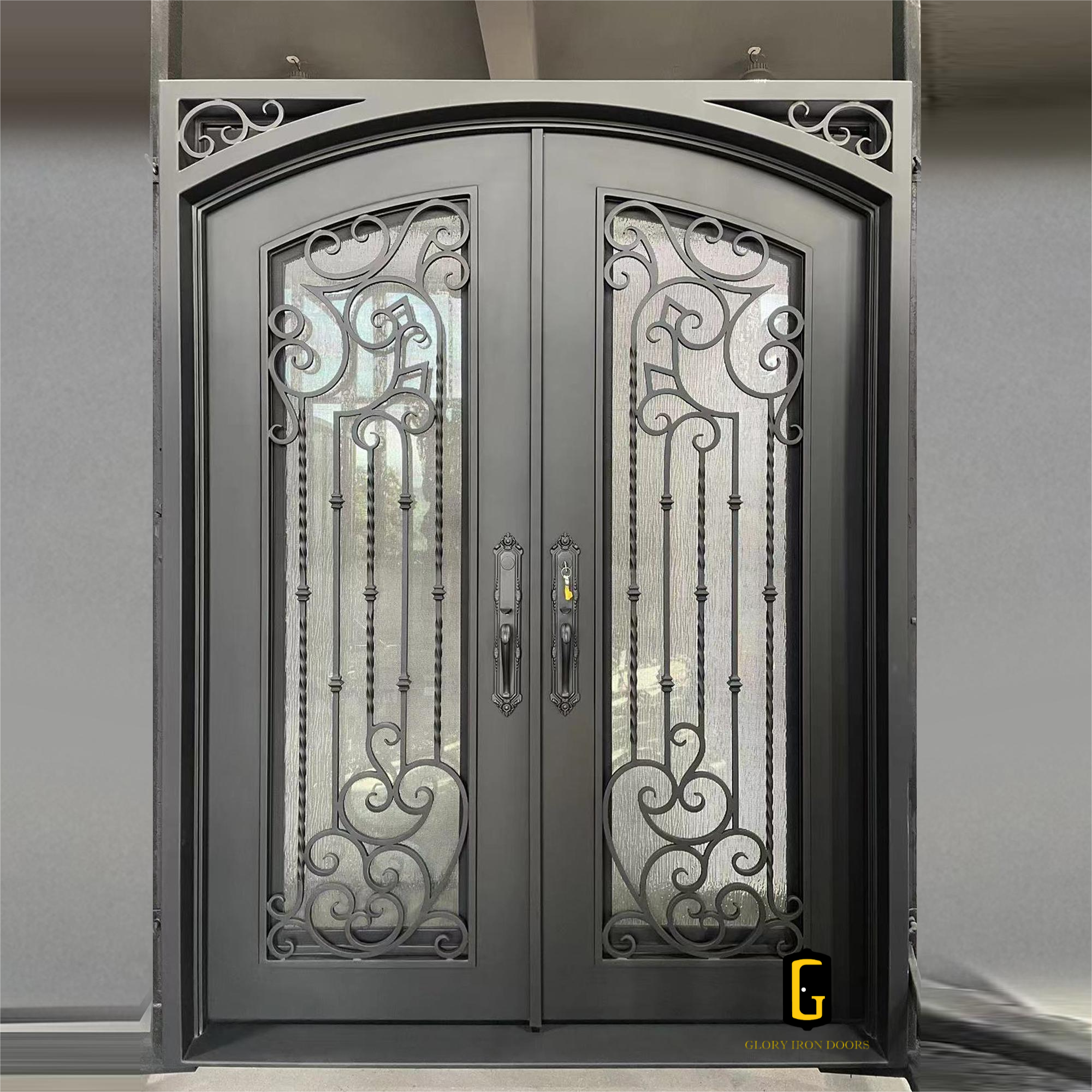 gid modern design iron front double doors with lever handle in matte black color