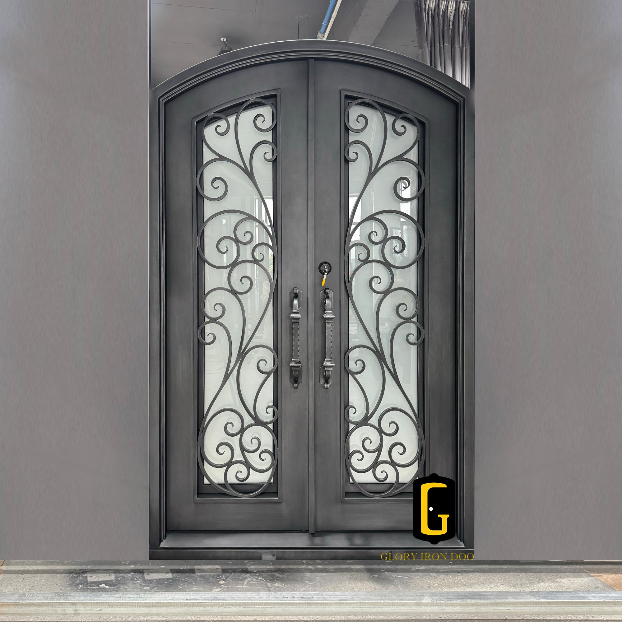 gid thermal break iron front double door with patina frosted glass