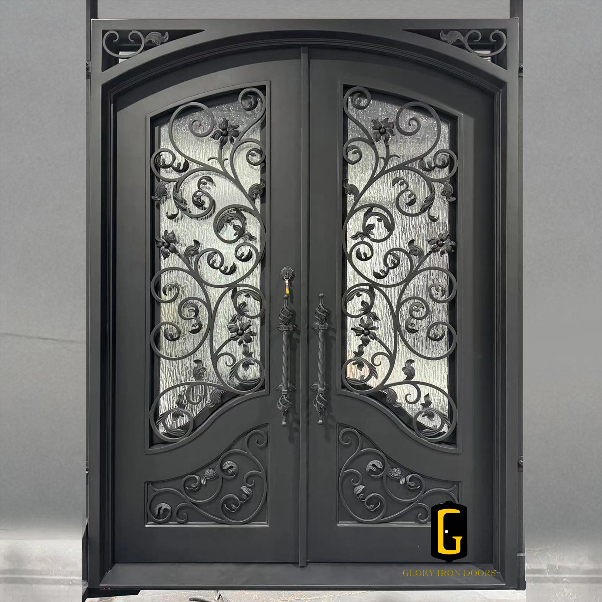 gid custom made wrought iron double entry door with custom scrollwork design 