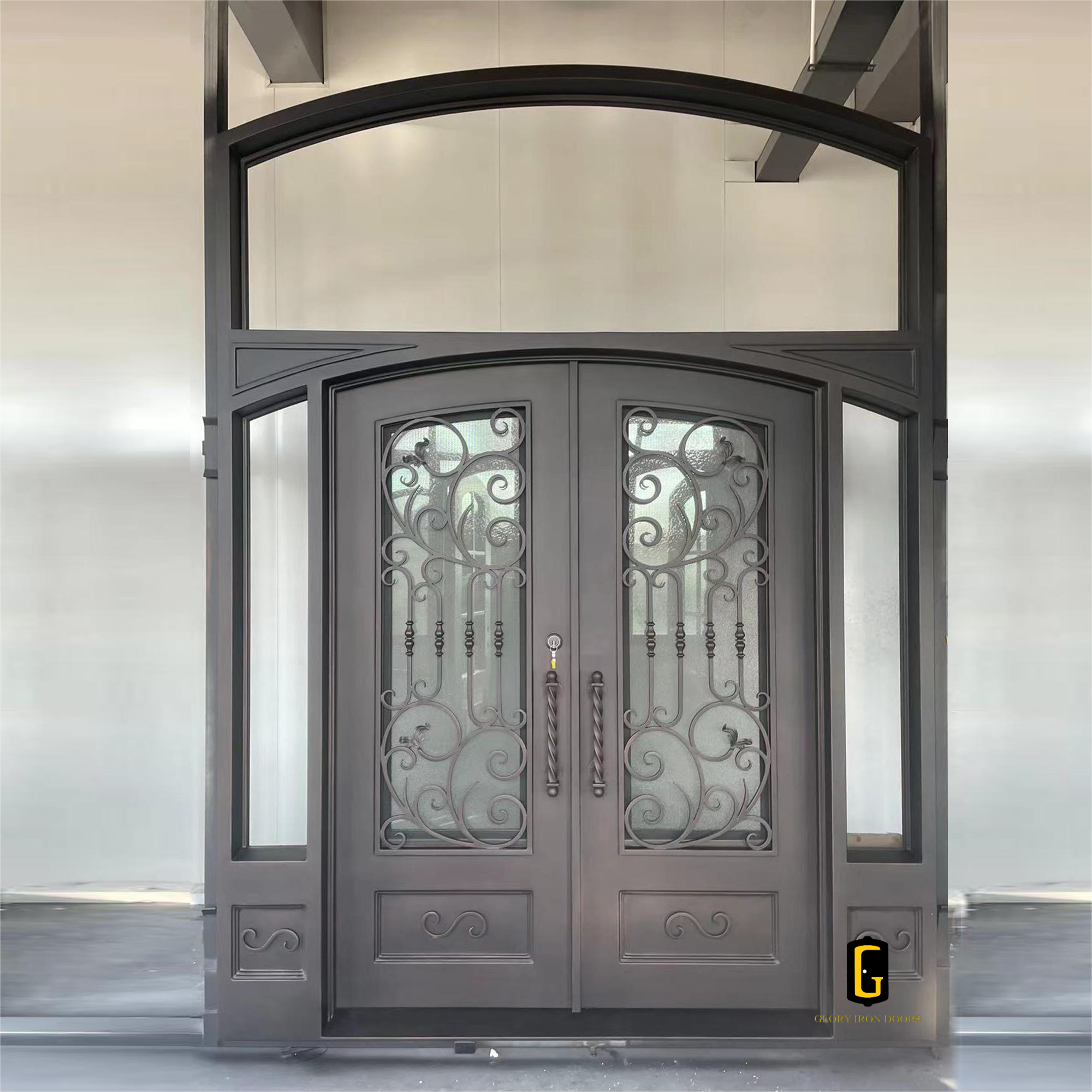 Gloryirondoors large size wrought iron steel front double door with sidelights and transom