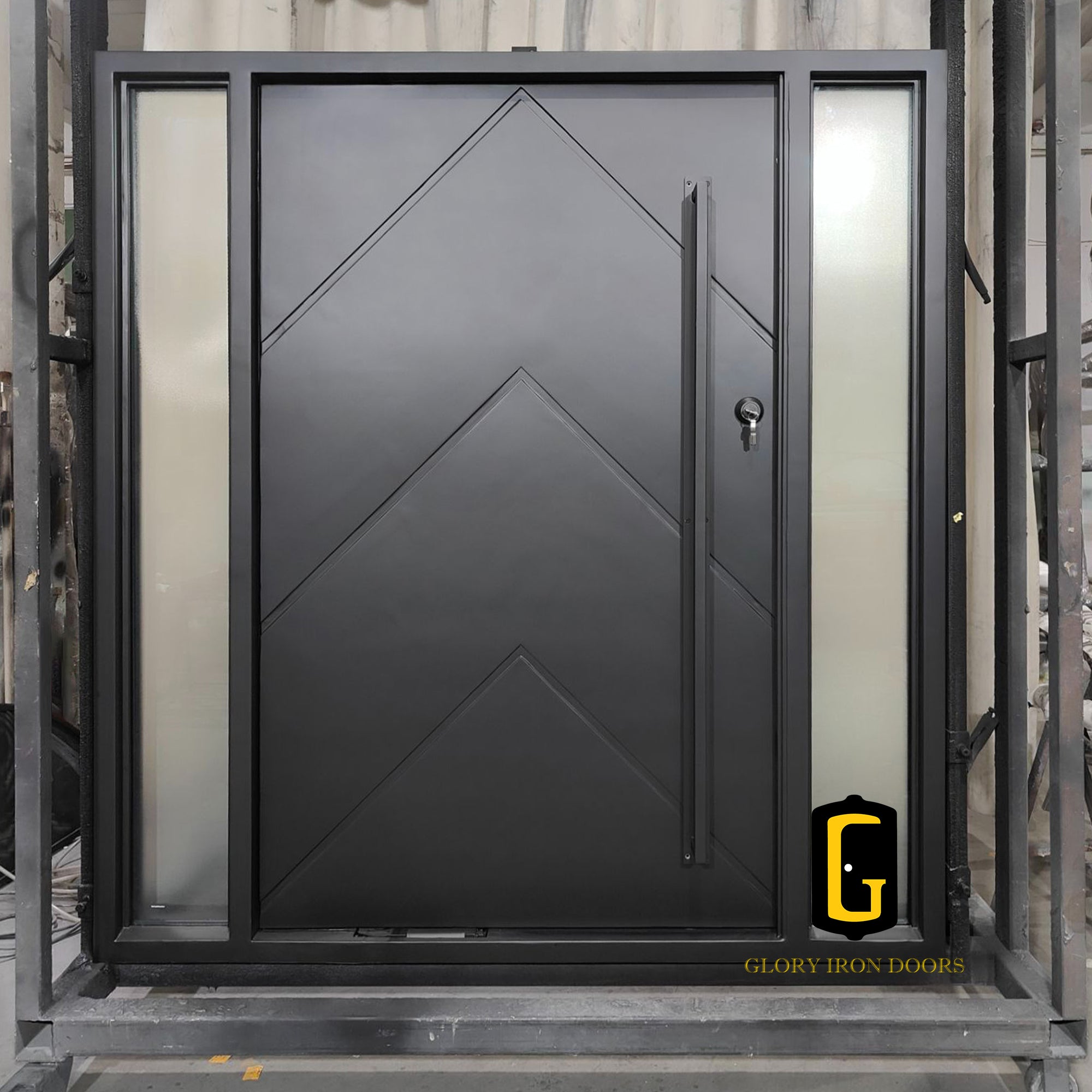 gid thermal break iron pivot single door with two sidelights and course linen glass