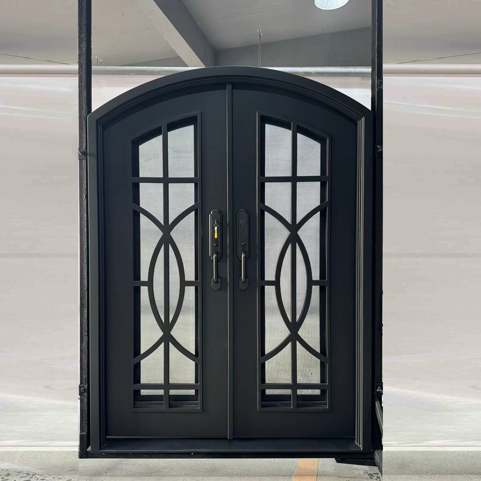 gloryirondoors iron double doors in matte black color, having sleek iron design