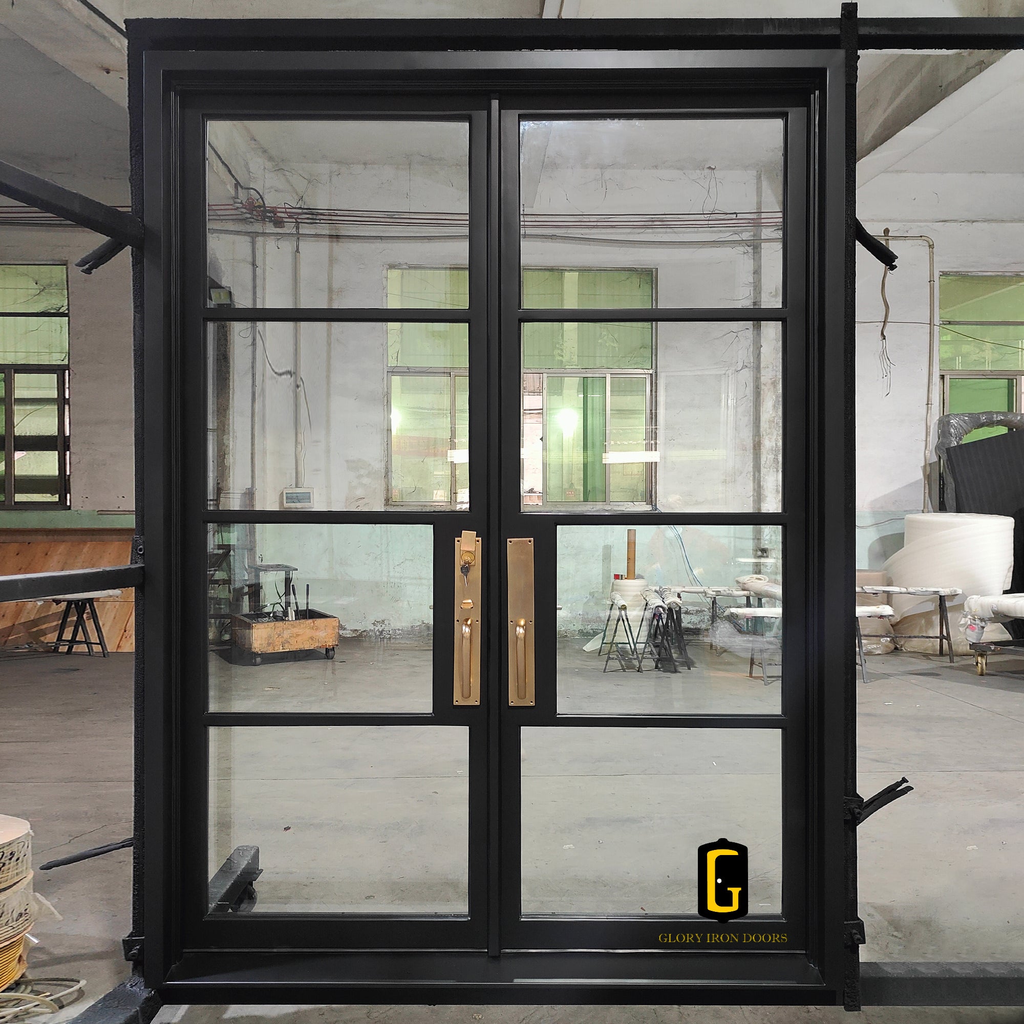 gloryirondoors thermal break iron french double door With 4 Lite double pane glass 