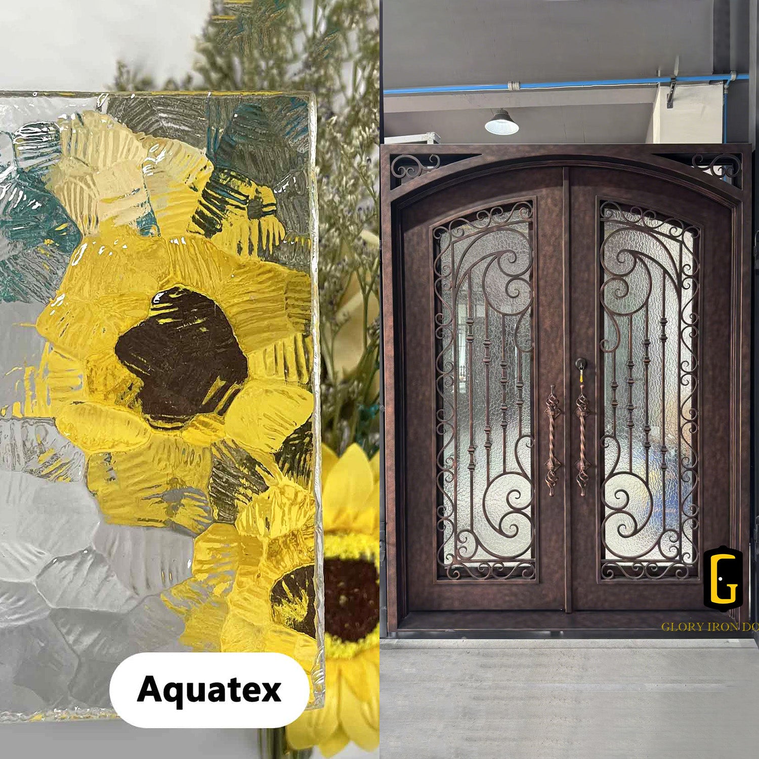 Aquatex Glass shown on an iron door