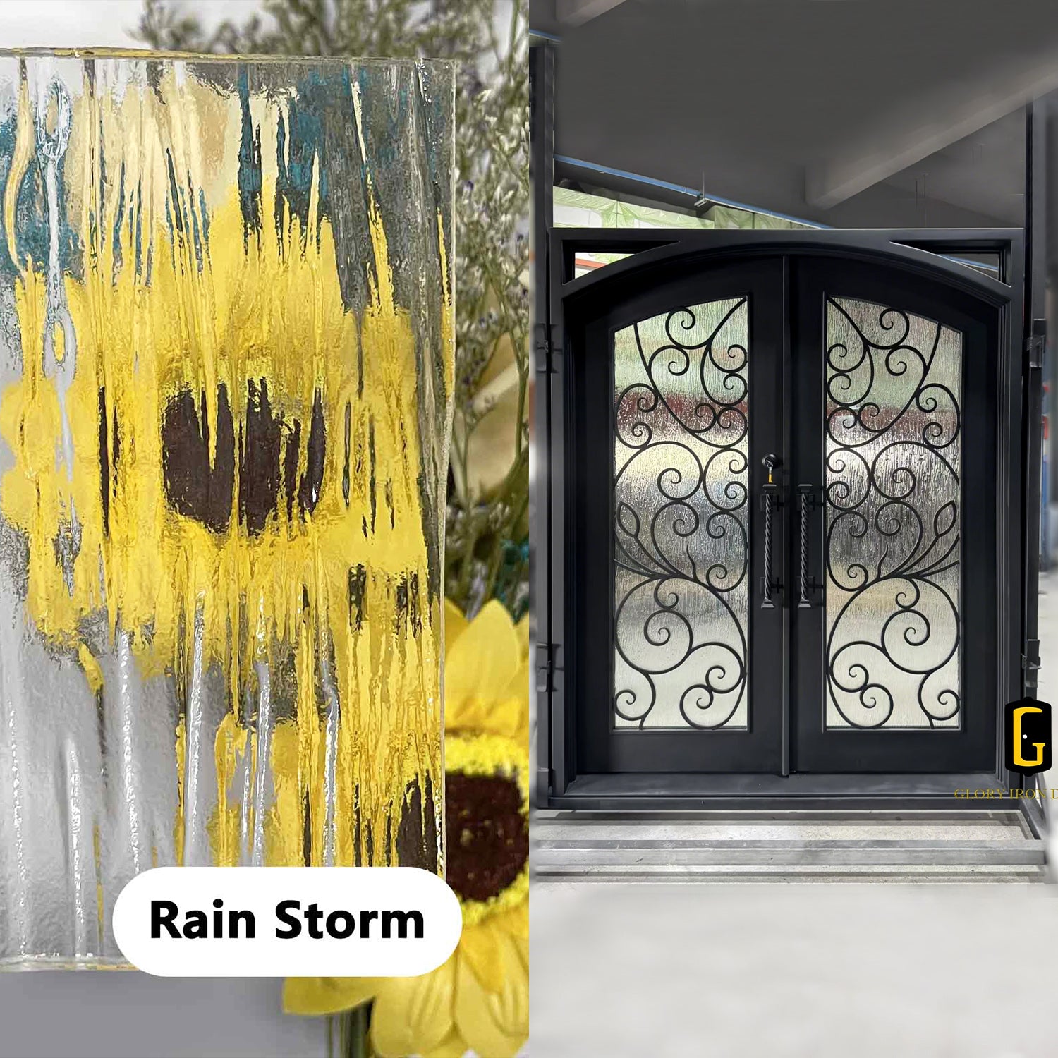 Rain Storm Glass shown on an iron door