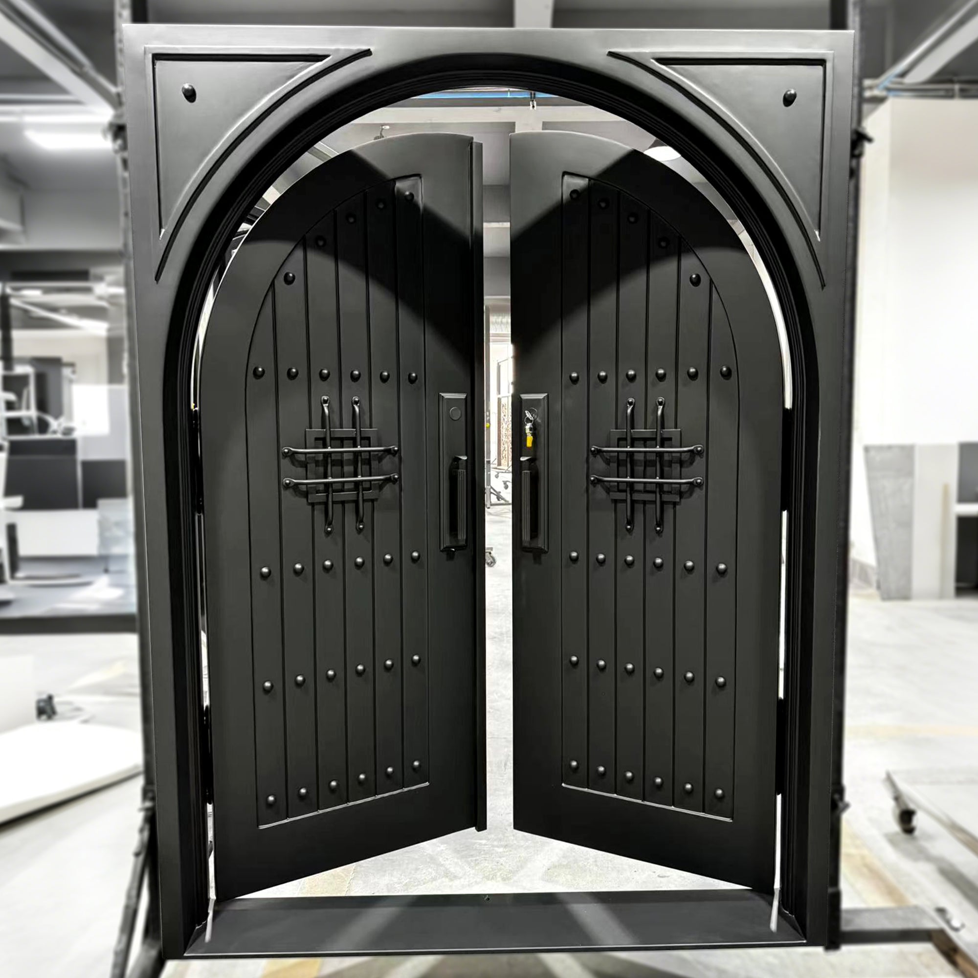 GID black color double iron door with square top
