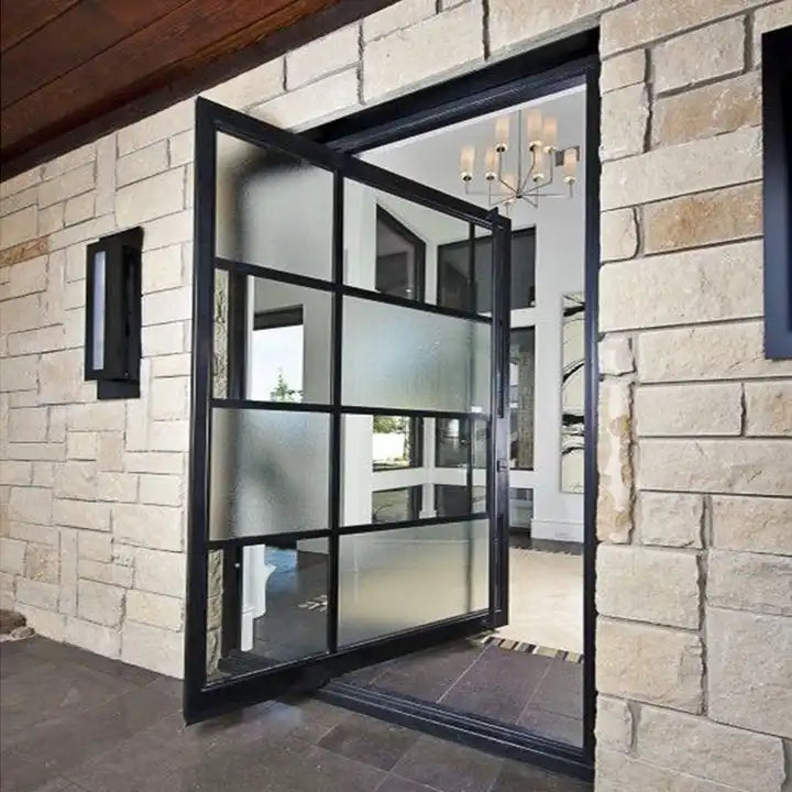 gloryirondoors iron patio pivot door with clear and frosted glass